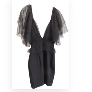 Smocked Plunging Deep V-neck Tulle Statement Sleeves Midi Dress